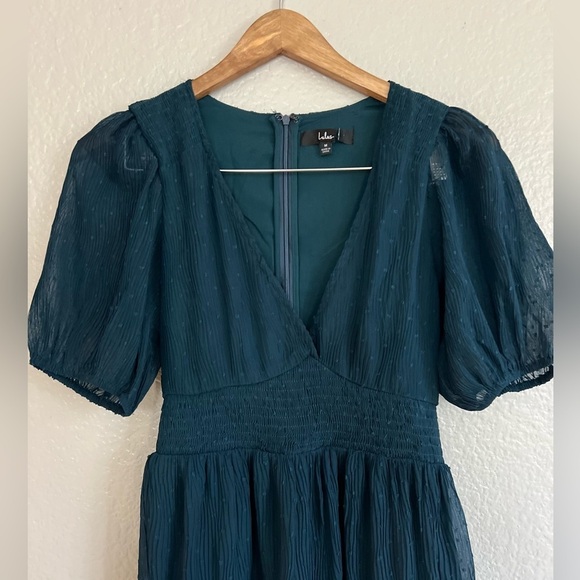 NWOT Tier to Please Dark Teal Puff Sleeve Swiss Dot Midi Dress - Picture 4 of 8